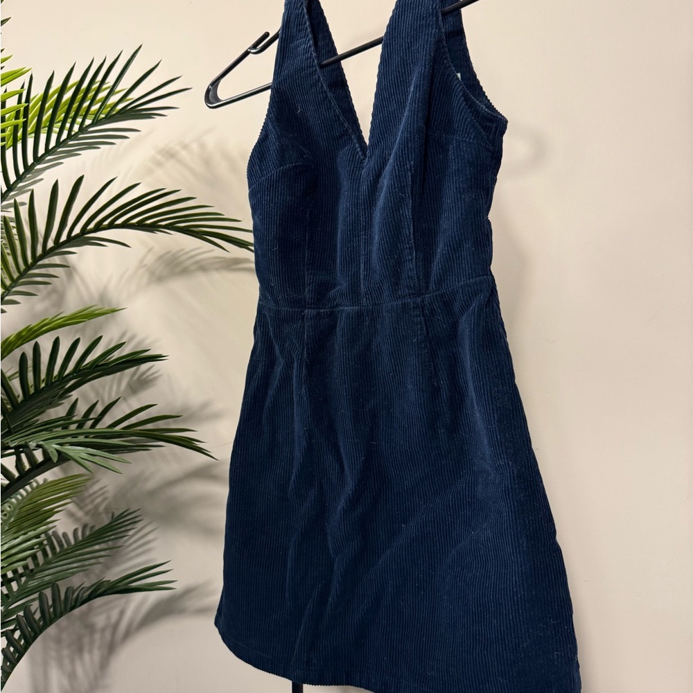Sleeveless Deep V Navy Corduroy Dress